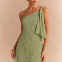 Textured One Shoulder Twist Knot Mini Dress