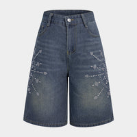 Denim Rhinestone Decor Wide Leg Shorts