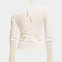 Lace Patchwork Halter Neck Tie-Up Asymmetrical Long-Sleeve Top