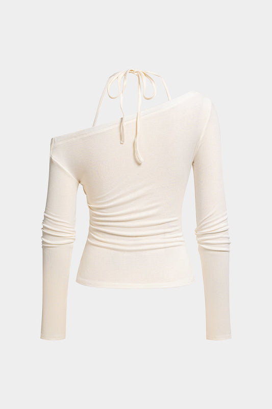 Lace Patchwork Halter Neck Tie-Up Asymmetrical Long-Sleeve Top