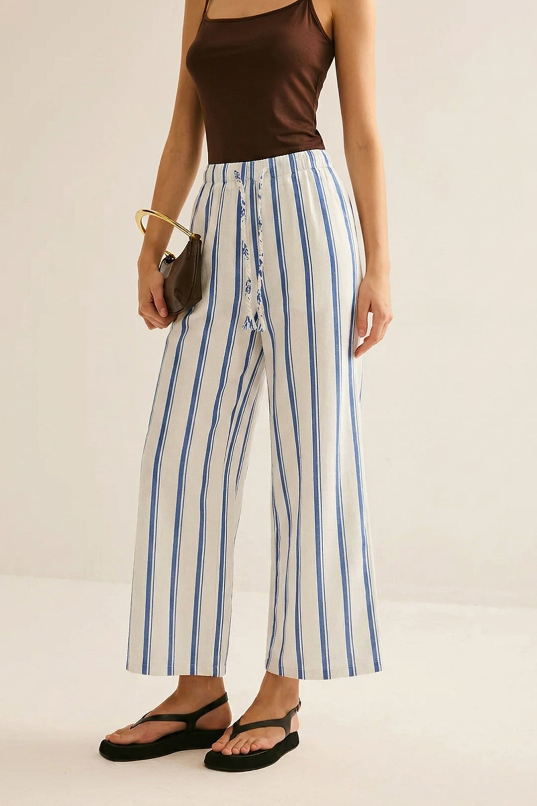 Stripes Print Linen Wide Leg Pants