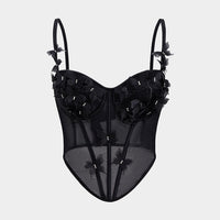 3D Flower Appliques Sheer Mesh Corset Backless Cami Top