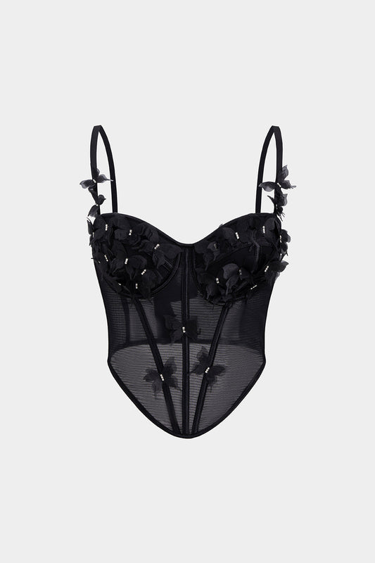 3D Flower Appliques Sheer Mesh Corset Backless Cami Top