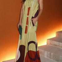 Miss Me Satin Unique Printed Off Shoulder Pocketed Loose Maxi Dress