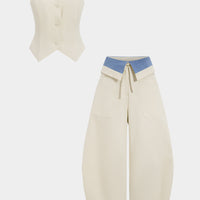 Denim Button Vest And Contrast Drawstring Barrel Trousers Set