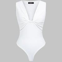 Solid V-Neck Cut Out Ruched Sleeveless Bodysuit