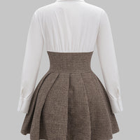 Houndstooth Print Patchwork Pleated High Waist Long-Sleeve Mini Dress