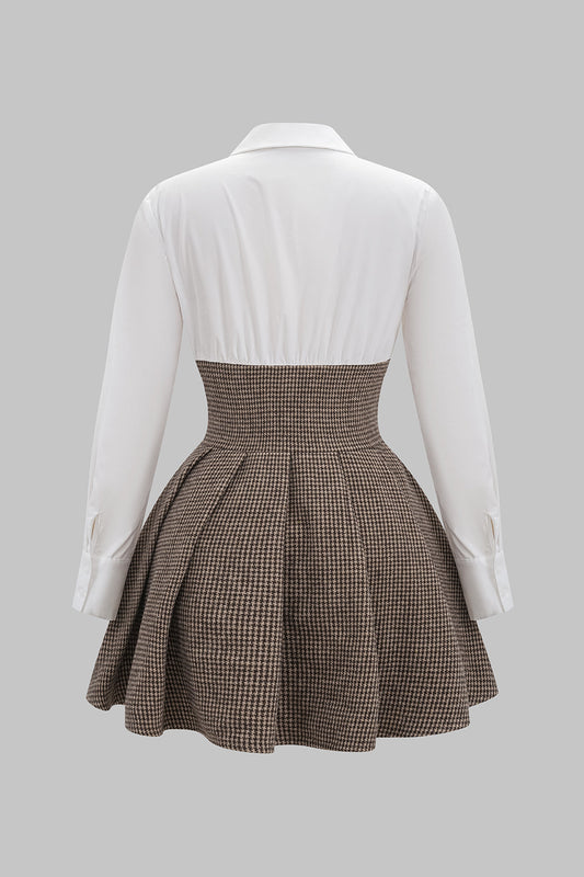 Houndstooth Print Patchwork Pleated High Waist Long-Sleeve Mini Dress