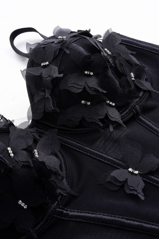 3D Flower Appliques Sheer Mesh Corset Backless Cami Top