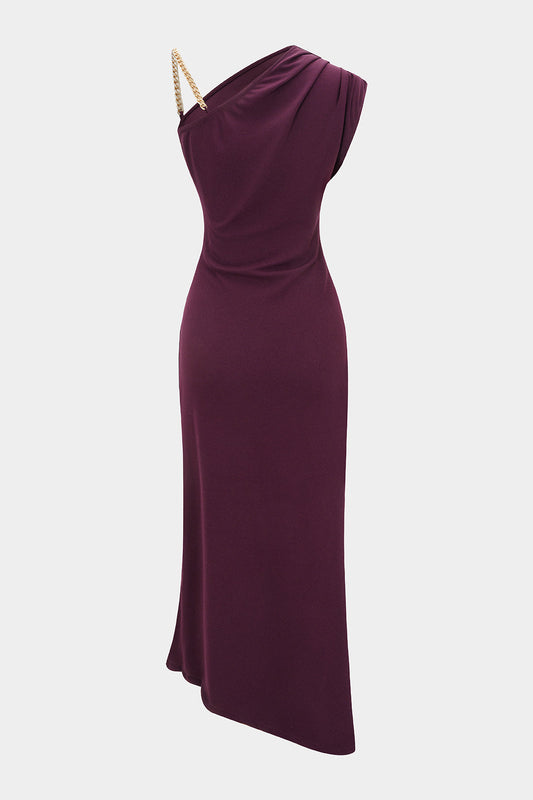 Ruched Asymmetrical Chain Slip Sleeveless Midi Dress