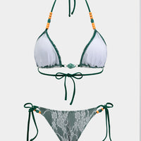 Lace Patchwork Tie Front Beaded Bikini Set