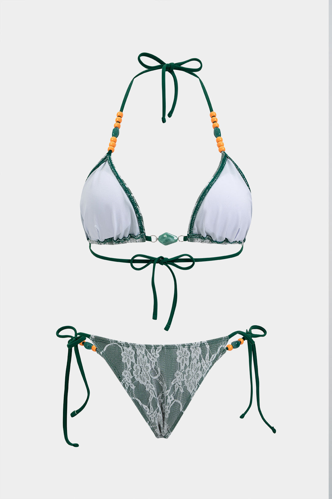 Lace Patchwork Tie Front Beaded Bikini Set