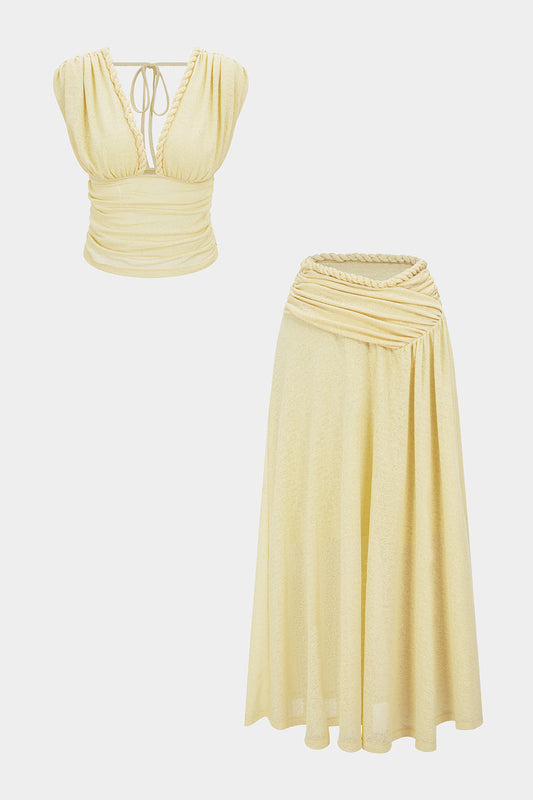 Twist Knot V-Neck Ruched Tank Top And Skirt Set
