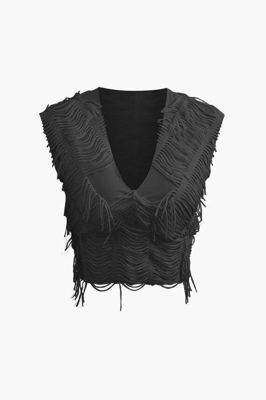 Conjunto de falda larga con abertura y top corto con cuello en V desgastado