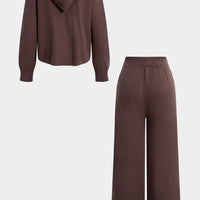 Knit Zipper Hooded Sweater Caedigan And Wide Leg Pants Set