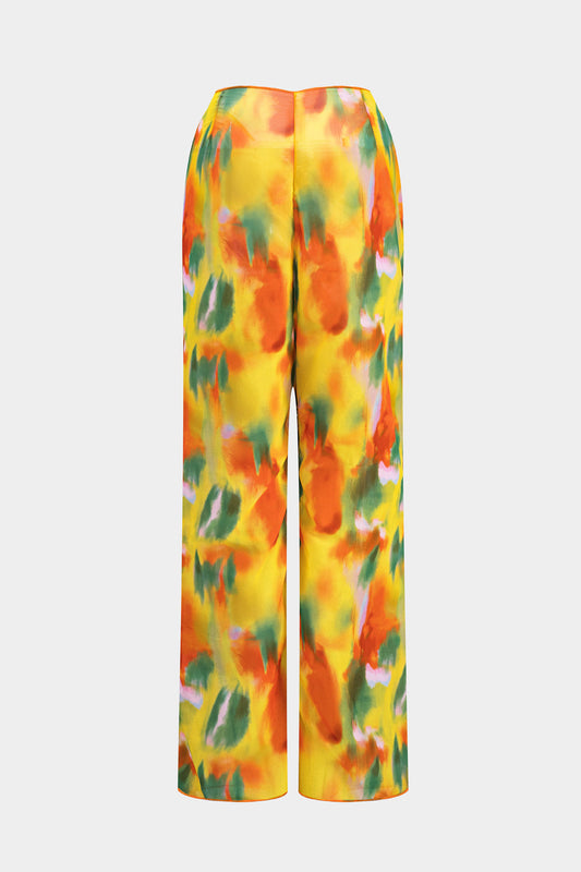 Watercolor Print Chiffon Tie Front Long Sleeve Top And Wide Leg Pants Set