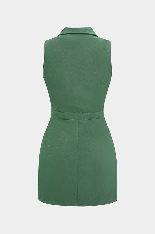 Button Pocket Sleeveless Mini Dress