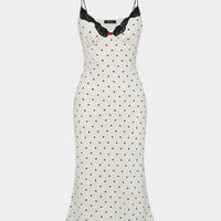 Polka Dots Print Chiffon Patchwork Lace Trim Slip Sleeveless Midi Dress