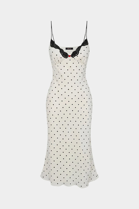 Polka Dots Print Chiffon Patchwork Lace Trim Slip Sleeveless Midi Dress