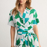 Contrast Geometric Print Lapel Tie-Up Short Sleeve Jumpsuit