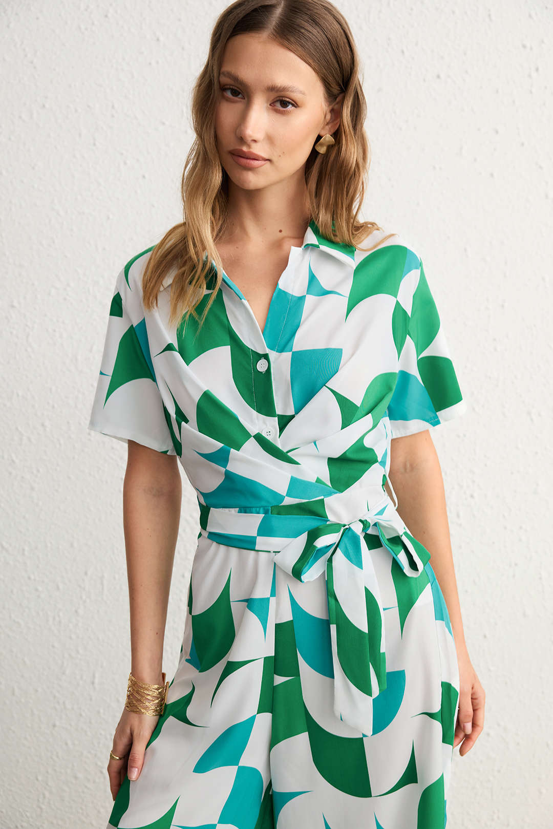 Contrast Geometric Print Lapel Tie-Up Short Sleeve Jumpsuit