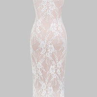 Lace Trim Ruched Strapless Maxi Dress