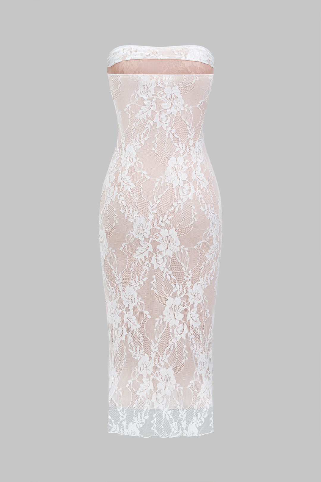 Lace Trim Ruched Strapless Maxi Dress