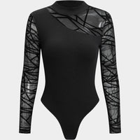 Lace Patchwork Round Neck Ribbed Long Sleeve Bodysuit