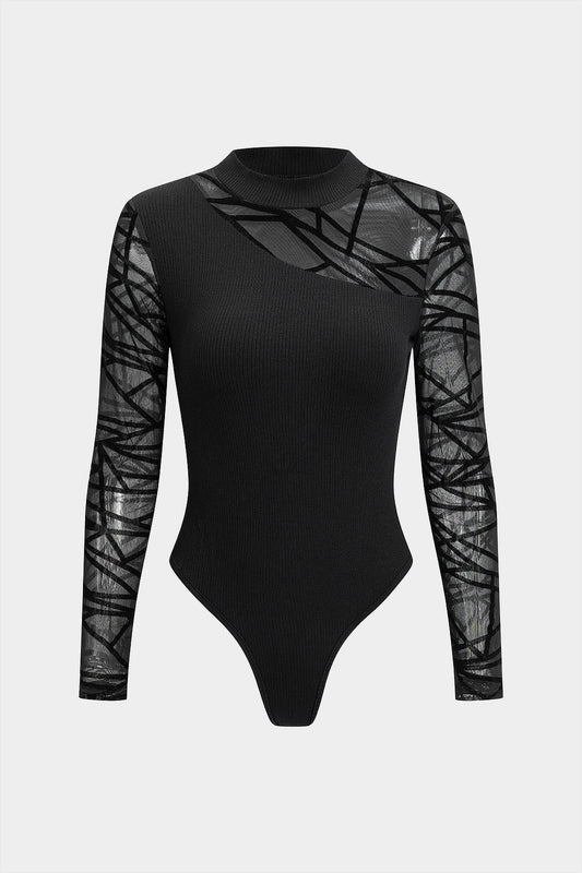 Lace Patchwork Round Neck Ribbed Long Sleeve Bodysuit