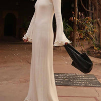Elegant Trumpet Sleeves Rolled Hem Knitted Round Neck Maxi Dress