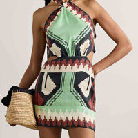 Unique Vintage Ethnic Print Backless Mini Dress