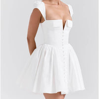 Exquisite V-Neck Pleated Waist Mini Dress