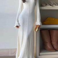 Elegant Trumpet Sleeves Rolled Hem Knitted Round Neck Maxi Dress