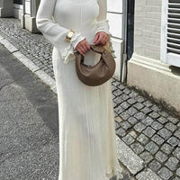 Elegant Trumpet Sleeves Rolled Hem Knitted Round Neck Maxi Dress