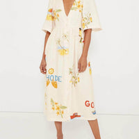 Folk Floral Print Unique Holiday Puff Sleeve Midi Dress