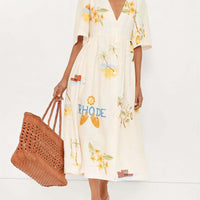 Folk Floral Print Unique Holiday Puff Sleeve Midi Dress